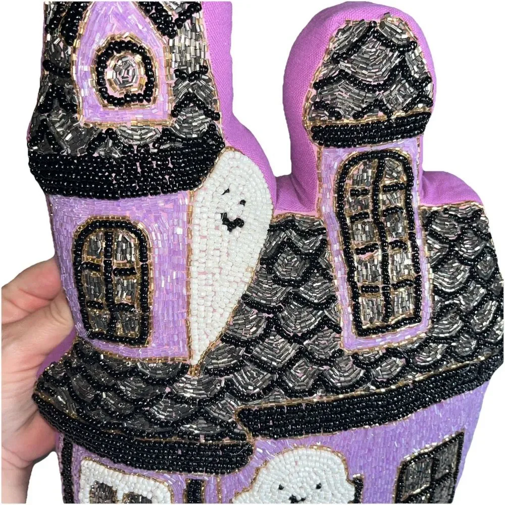 Cupcakes And Cashmere Haunted House Spooky Ghost Beaded Pillow Halloween Pumpkin